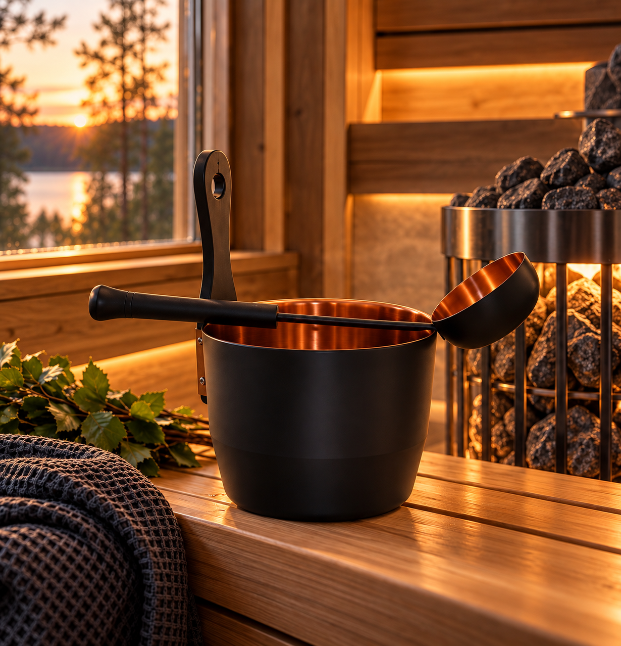 Black Copper Sauna Bucket & Ladle Set - 4.5L Bucket with 43cm Ladle