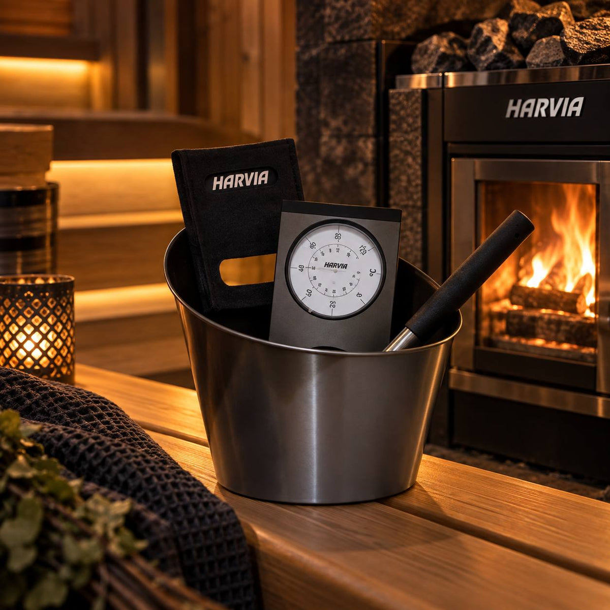 Black Steel Sauna Bucket, Ladle & Thermo-Hygrometer Set
