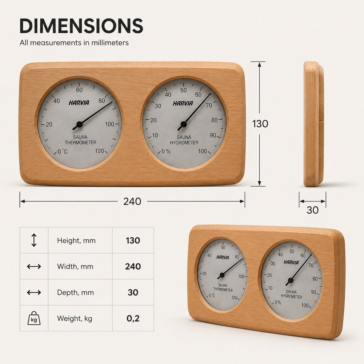 Wooden Sauna Thermo-Hygrometer – Temperature & Humidity Gauge